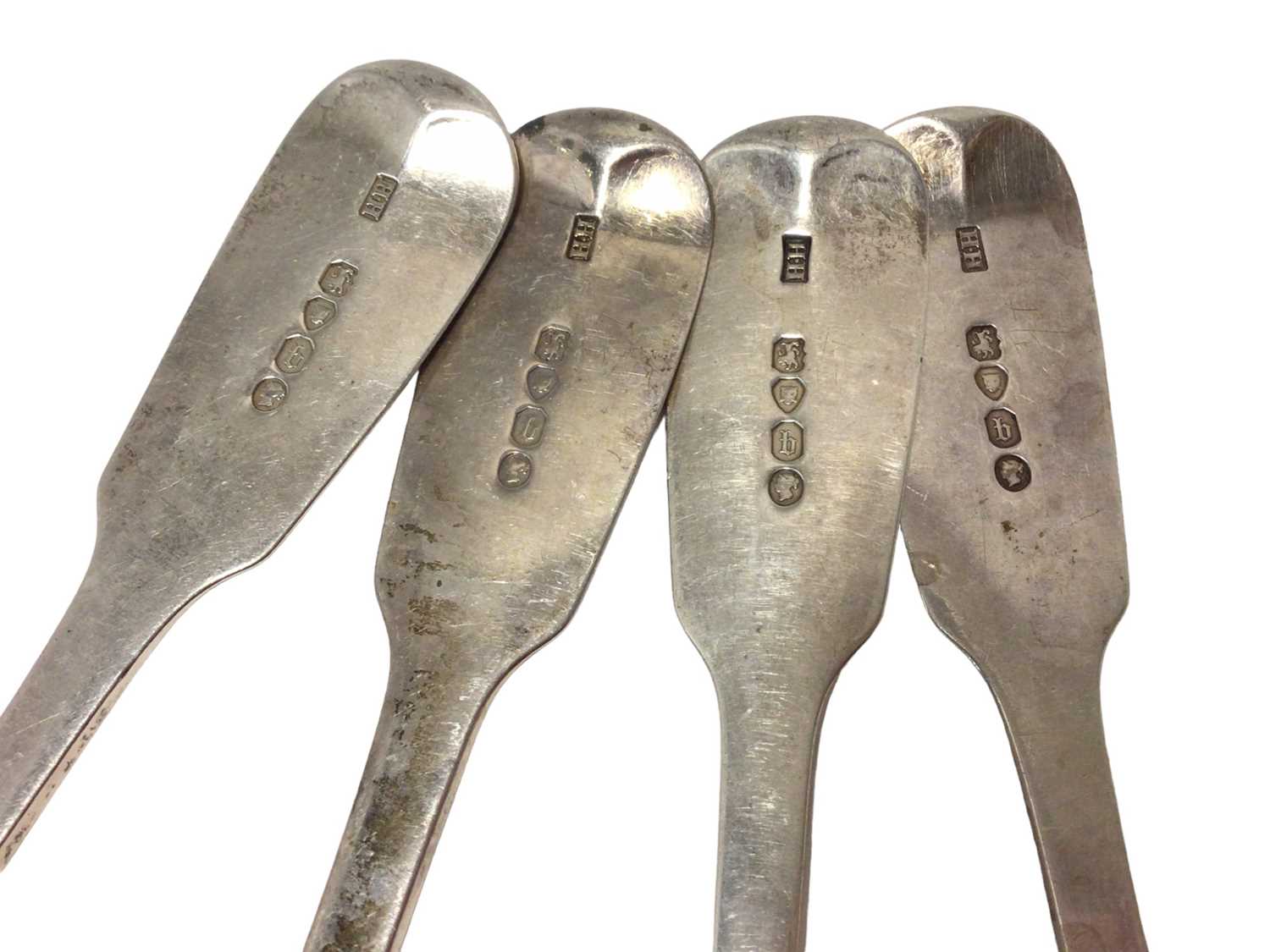 Set of four Victorian silver Fiddle pattern table spoons, with engraved initials, - Image 4 of 5