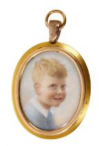 Antique 18ct gold and diamond locket containing a portrait miniature on ivory of a boy, the reverse