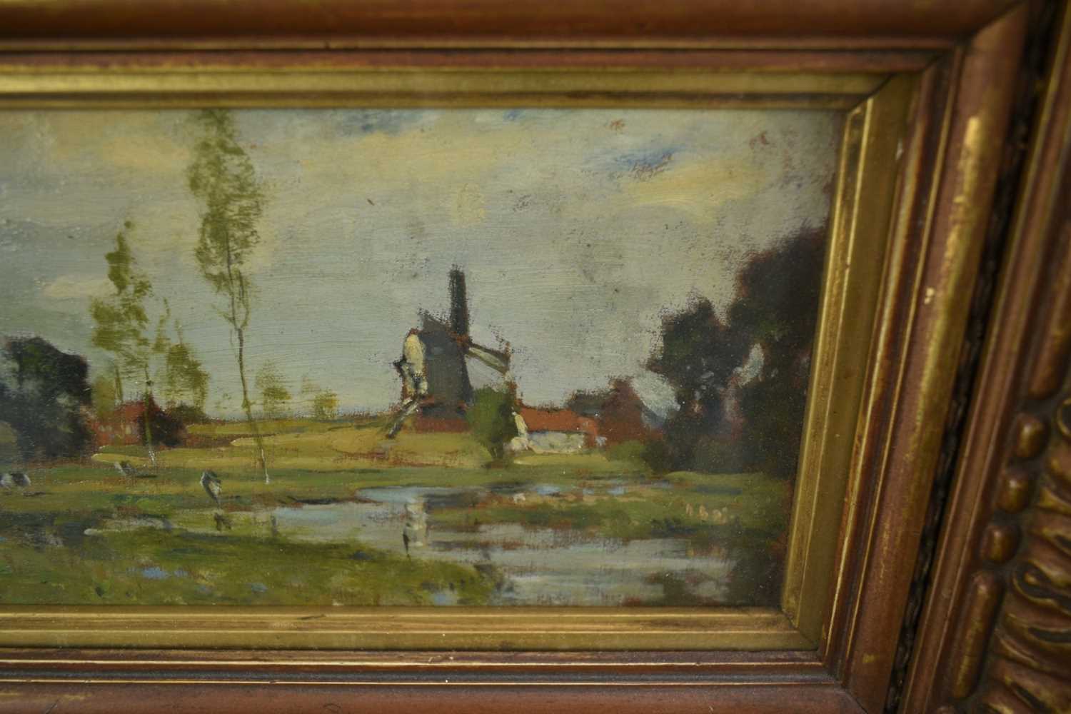 Bertram Priestman (1868-1951) oil on panel - Landscape with Windmill, 11.5cm x 21.5cm, in glazed gil - Image 3 of 6