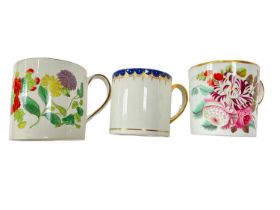 Wedgwood pearlware mug, printed and painted with flowers, and two coffee cans