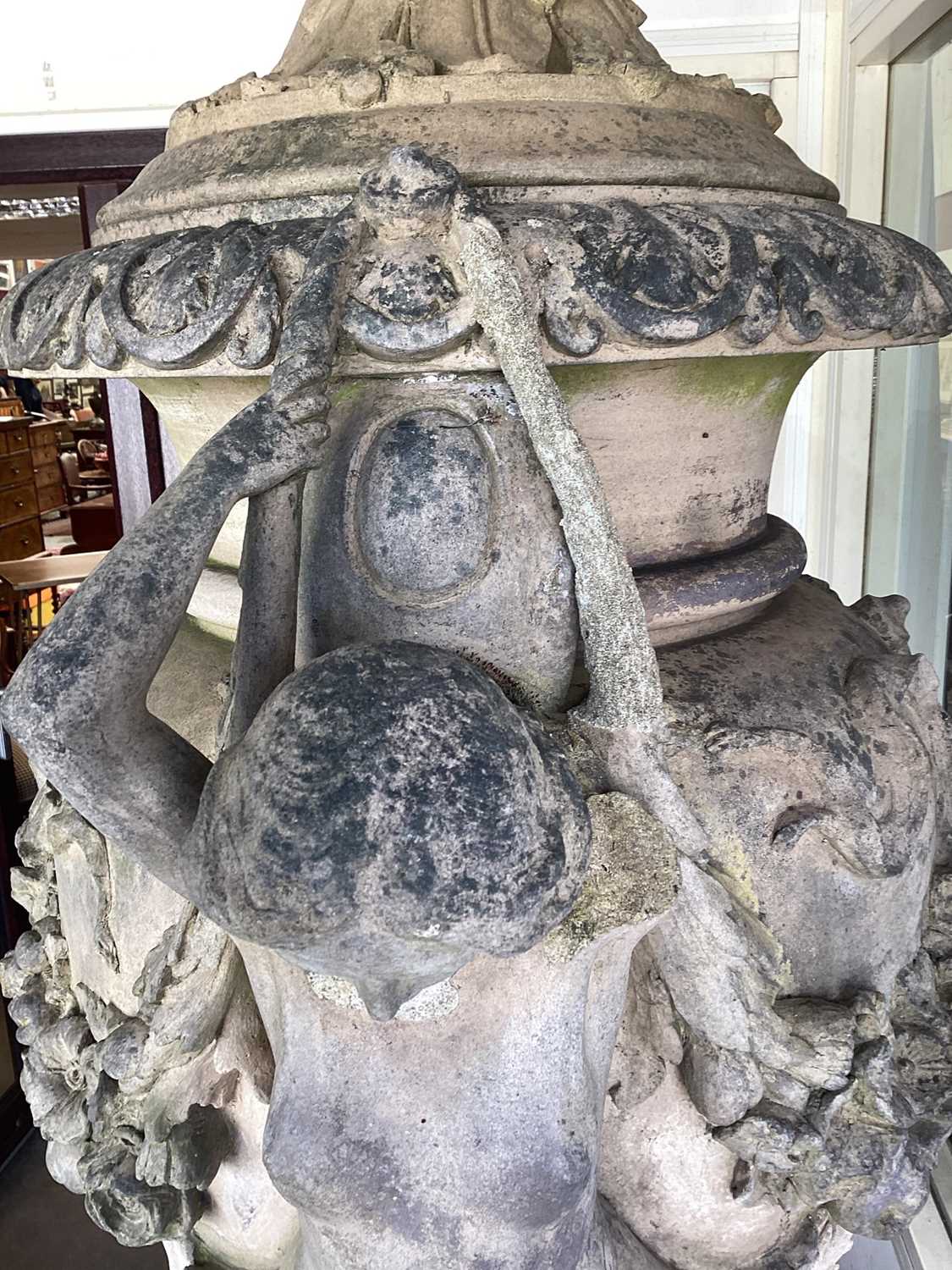 A fine antique reconstituted stone garden urn and cover on plinth, with detachable lid, female carya - Image 15 of 20