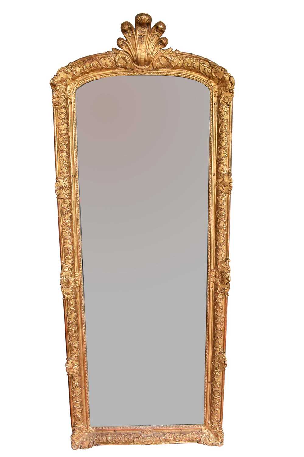 Rare Louis XIV giltwood and gesso pier mirror with original glass in two parts, early 18th century