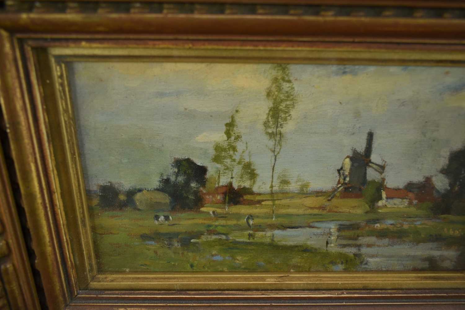 Bertram Priestman (1868-1951) oil on panel - Landscape with Windmill, 11.5cm x 21.5cm, in glazed gil - Image 4 of 6