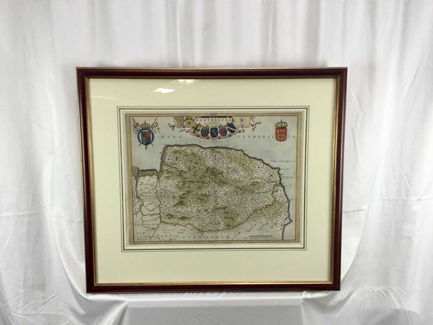 J Blaeu - hand coloured map of Norfolk, c1650. Framed and glazed. - Image 2 of 11