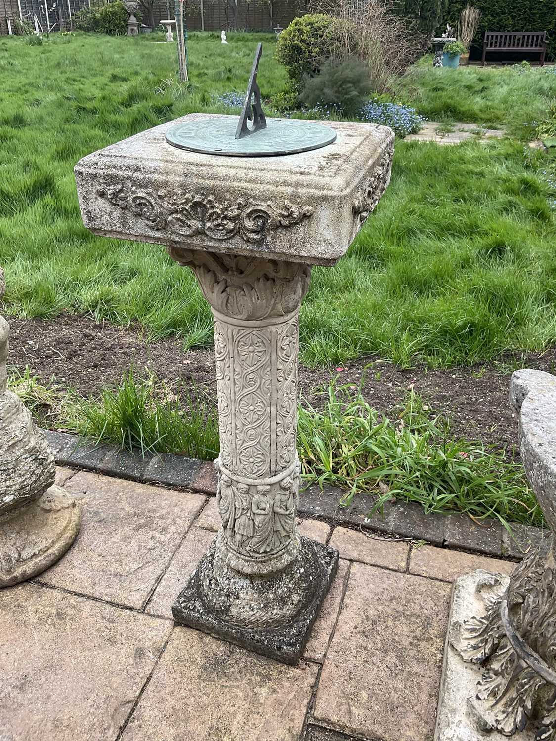 Brass sundial on a concrete pedestal base with weathered finish, 80cm high. - Image 4 of 4