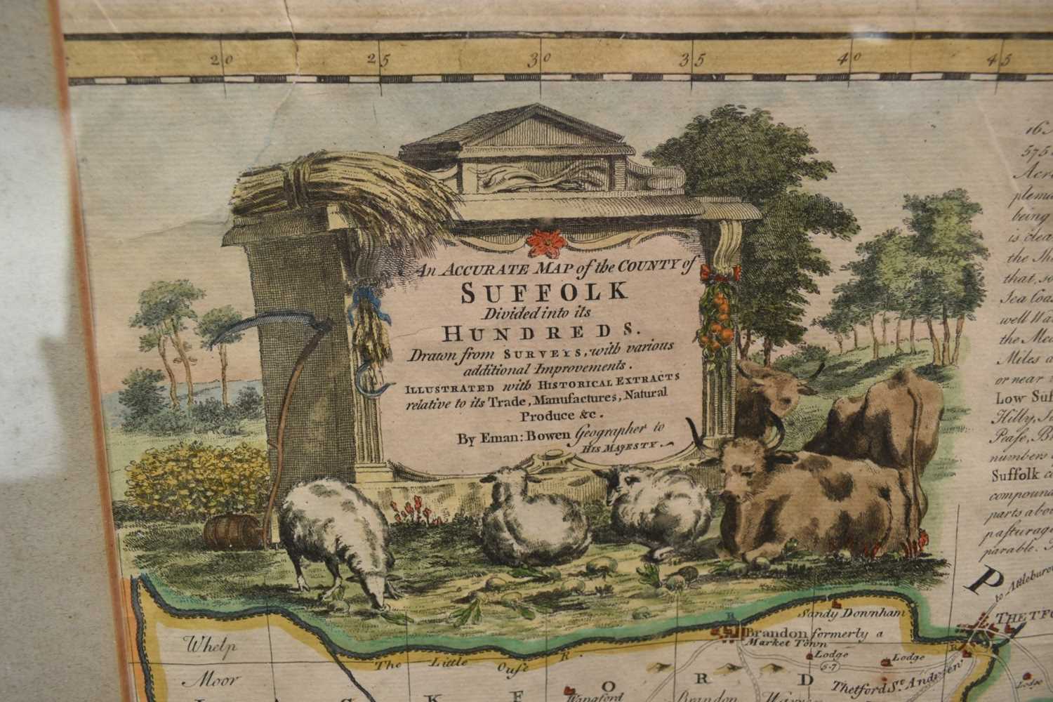 Mid 18th century hand coloured engraved map by Emanuel Bowen, 'Suffolk Divided into its Hundreds, 52 - Image 3 of 7