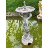 Antique lead garden fountain, the circular bowl with putti support on circular base.