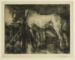 Harry Becker (1865-1928) signed etching - Horse in the Stable, 34.5cm x 43.5cm, in glazed frame