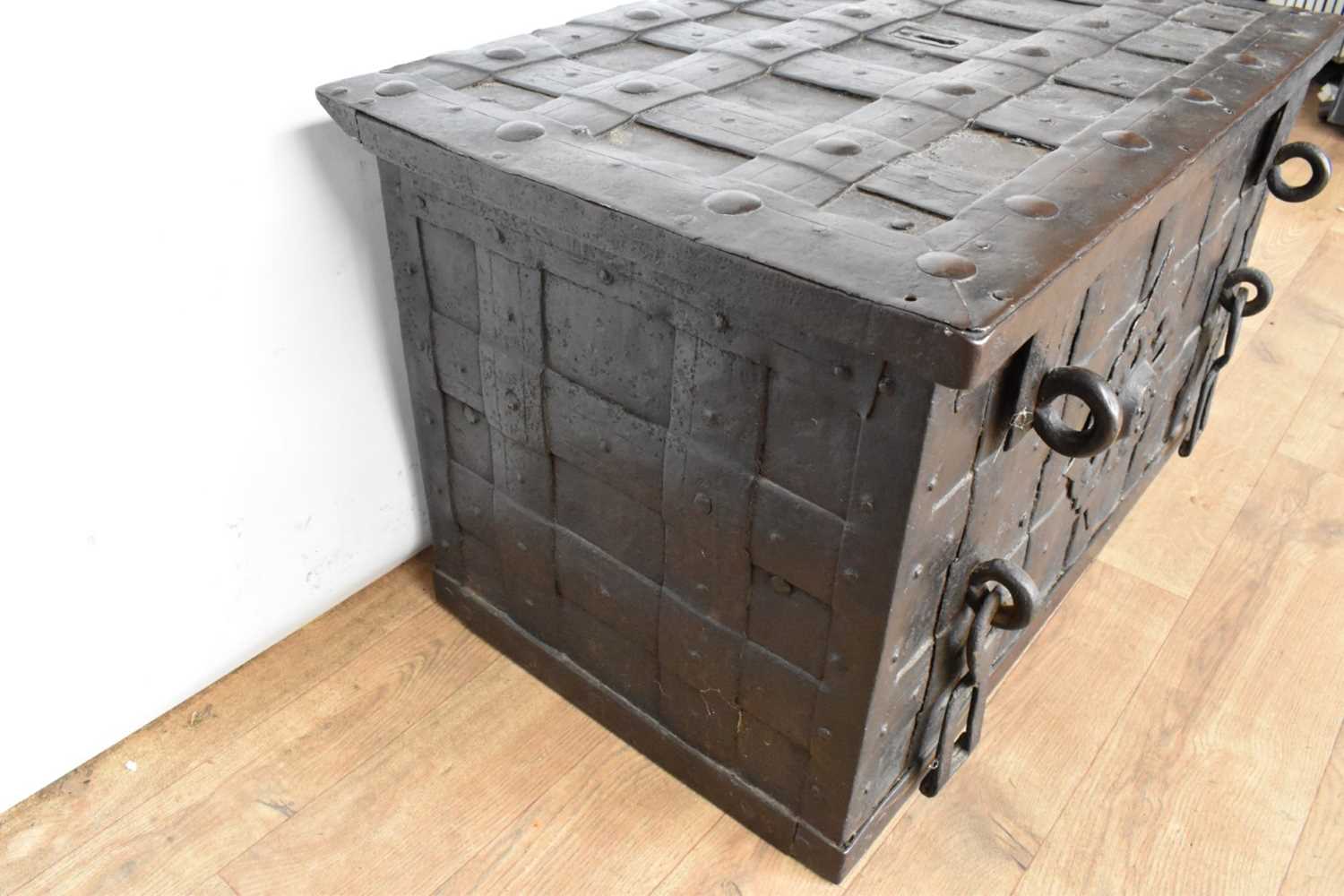 17th century German iron Armada chest with intricate locking system, key marked S. Morden - Image 7 of 23