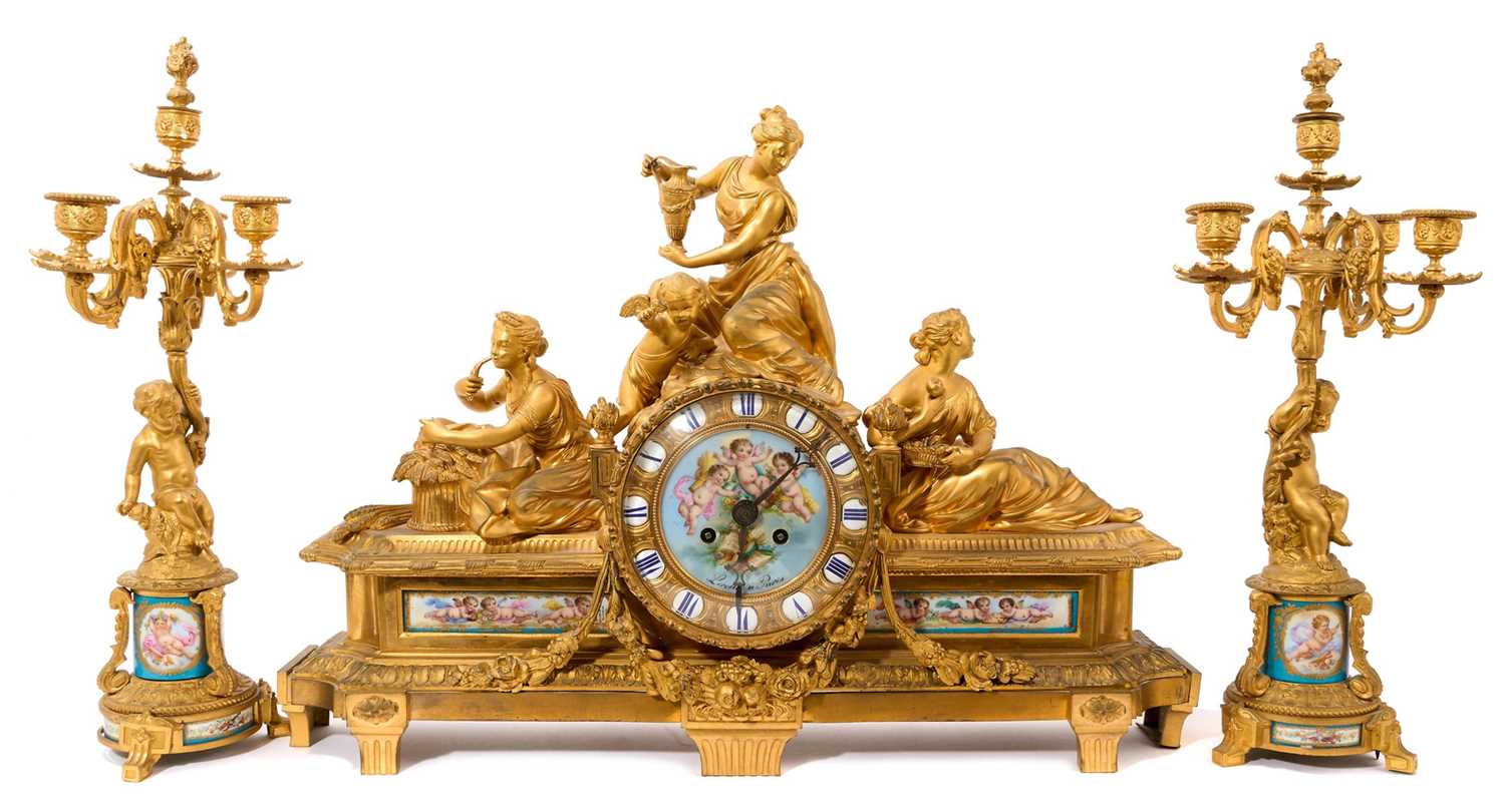 Fine quality large 19th century French ormolu clock garniture by Lerolle à Paris with Sèvres porcela