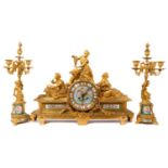 Fine quality large 19th century French ormolu clock garniture by Lerolle à Paris with Sèvres porcela