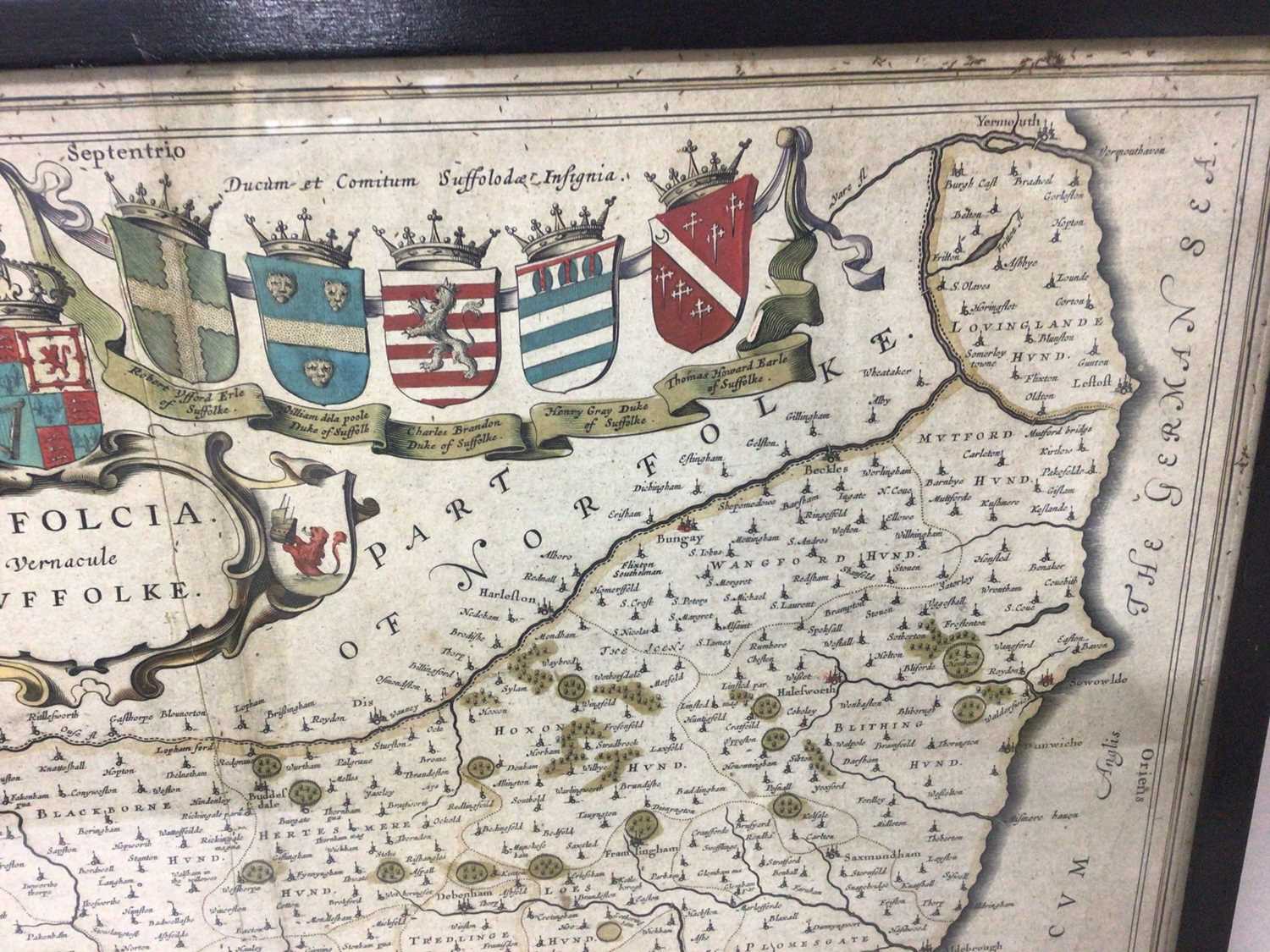 Johannes Blaeu: 17th century hand tinted engraved map of Suffolk - Image 3 of 6