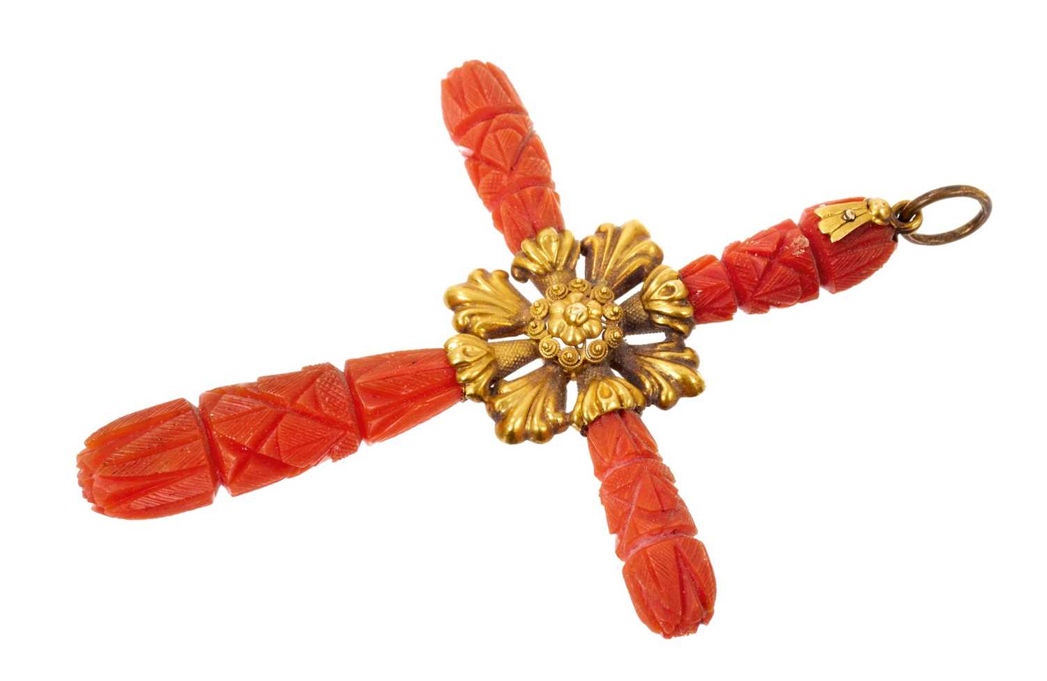 Large Regency carved coral and gold mounted cross pendant