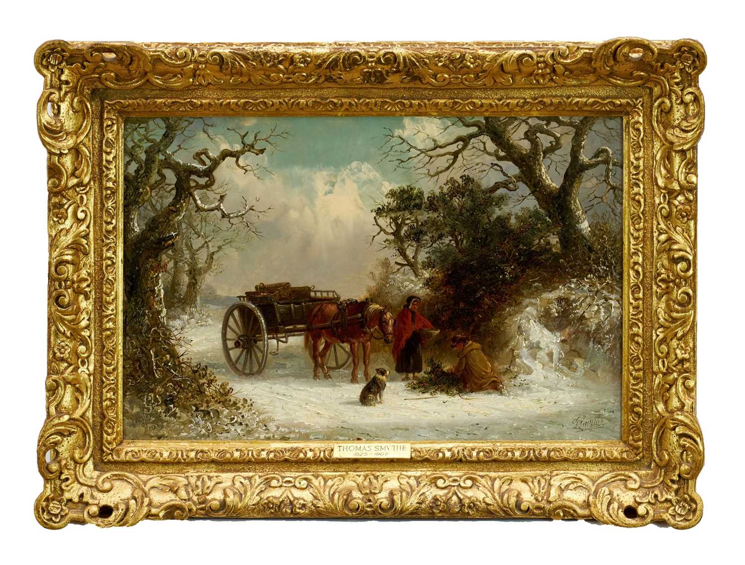 Thomas Smythe (1825-1906) oil on panel - Gathering Holly in a Snowcovered Lane, signed, 25.5cm x 38c