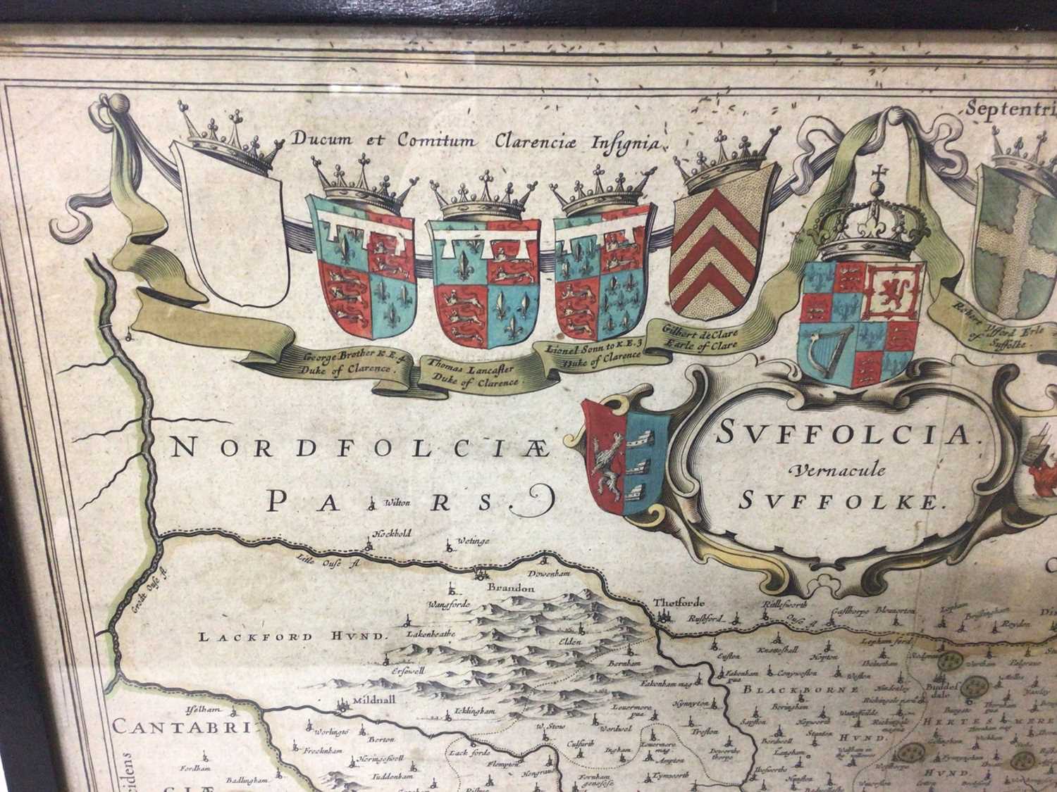 Johannes Blaeu: 17th century hand tinted engraved map of Suffolk - Image 2 of 6