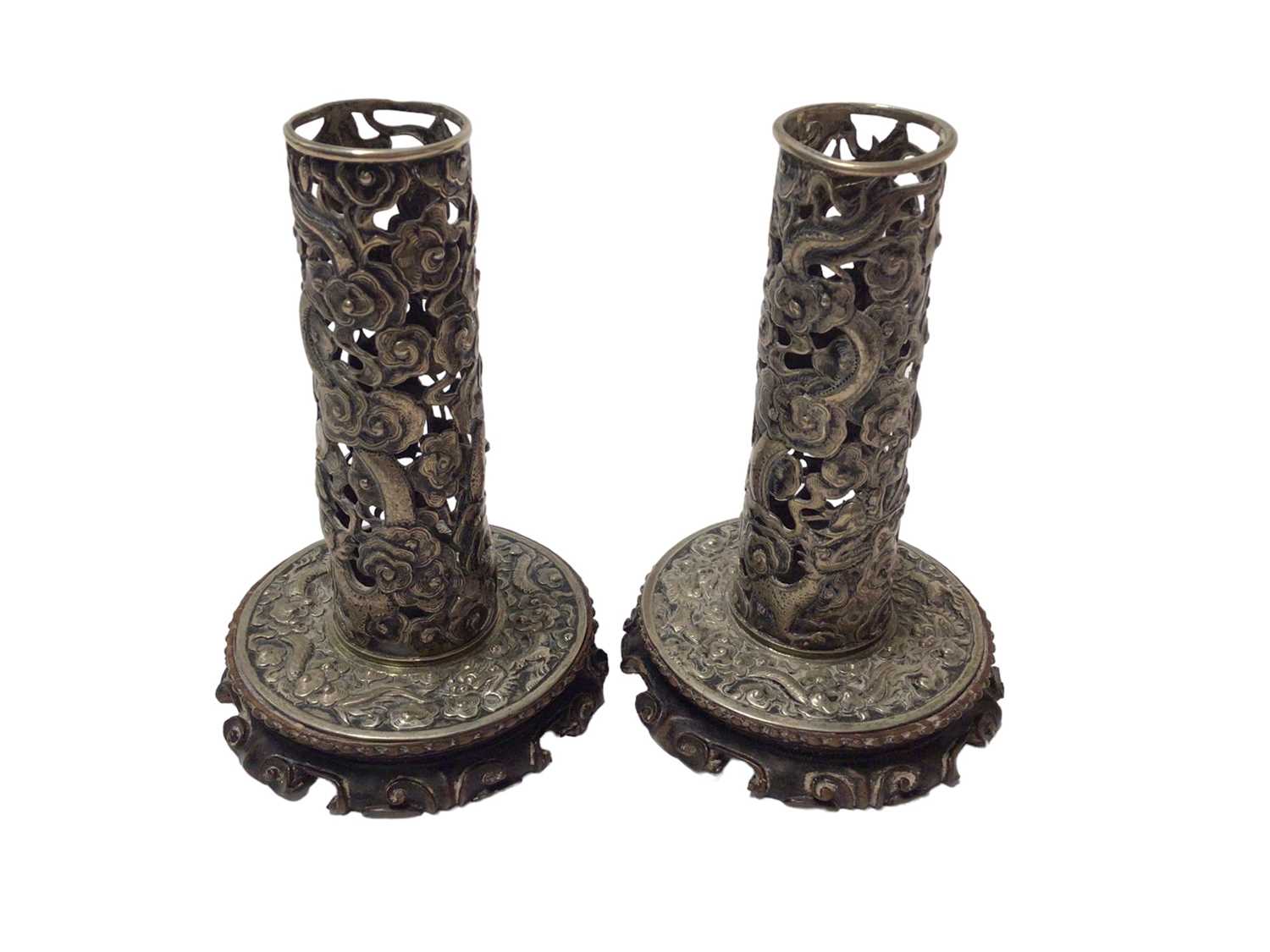 Pair of Chinese white metal candlesticks with pierced dragon decoration on carved wood bases - Image 3 of 6