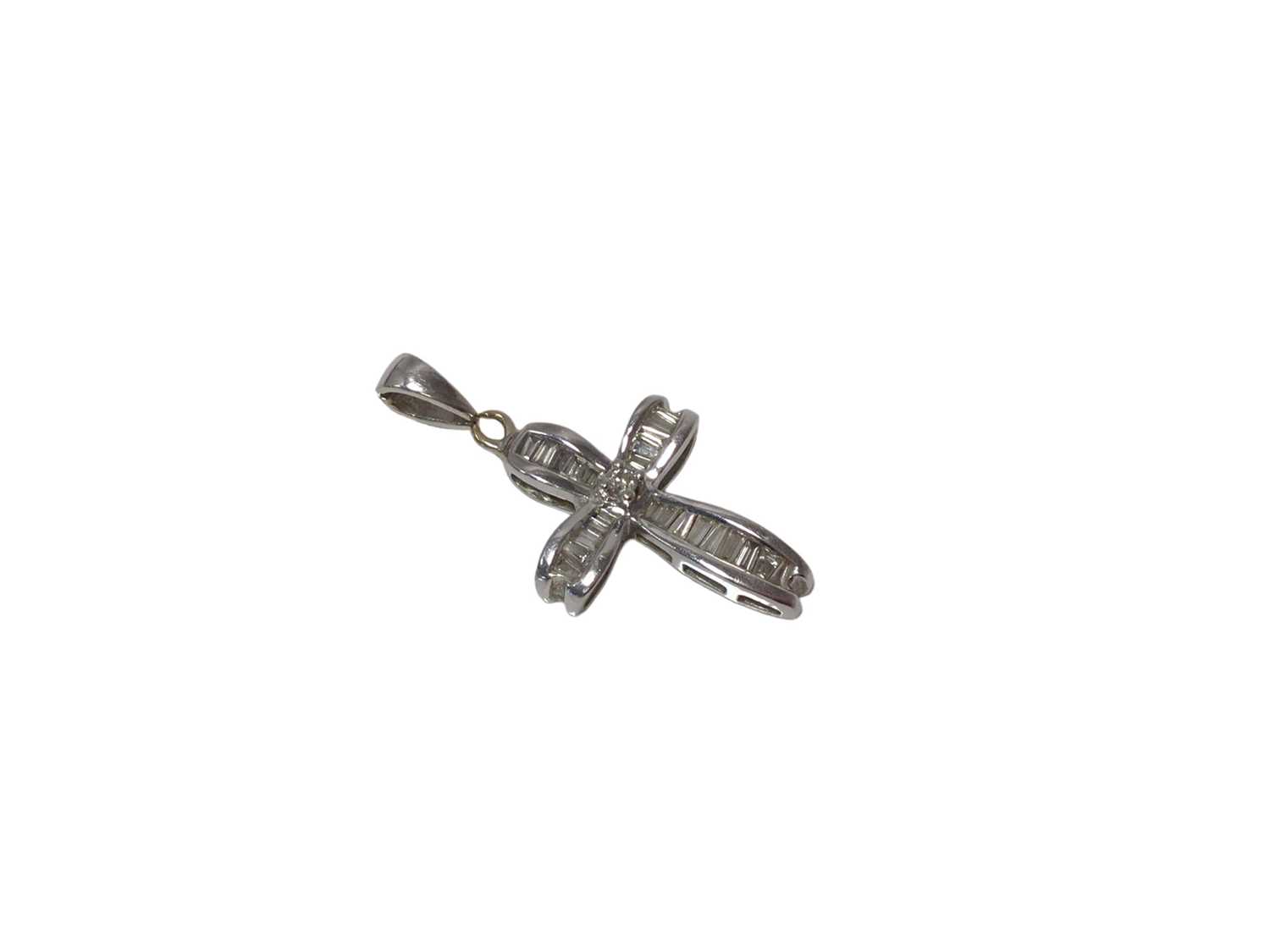 Diamond cross pendant with baguette cut diamonds estimated to weigh approximately 0.40cts in total,