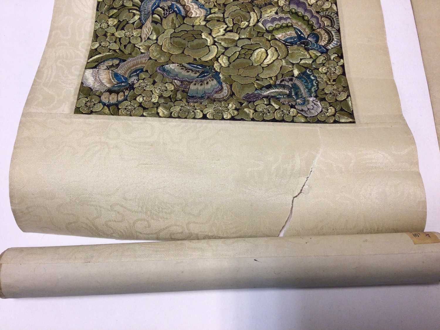 Two Chinese silk embroidered scrolls with butterflies and another earlier in date - Image 3 of 10