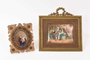 19th century Continental enamelled plaque in ormolu frame and an alabaster religious plaque