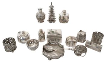 Collection of Chinese and other Far Eastern silver and white metal, including spot hammered box