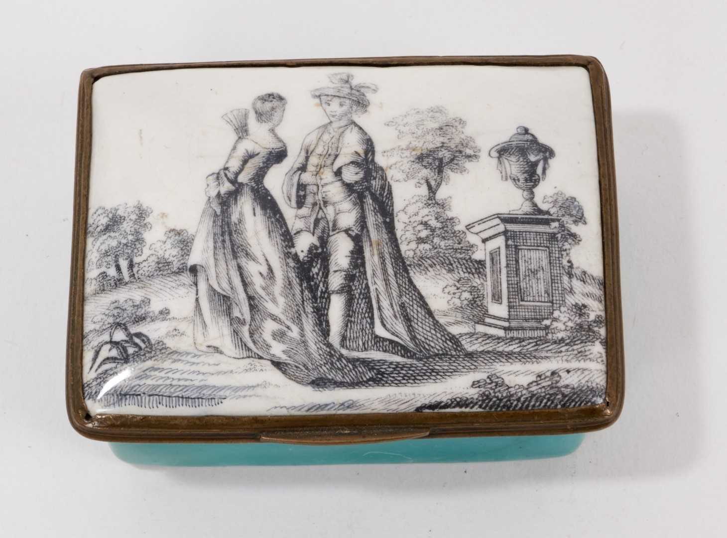 Birmingham green ground rectangular box, printed with figures, circa 1770 - Image 2 of 2