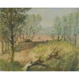 Christopher Perkins (1891-1968) oil on canvas - Wooded Landscape with Horses and Plough and hills be