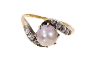 Late Victorian grey pearl and diamond cross-over ring