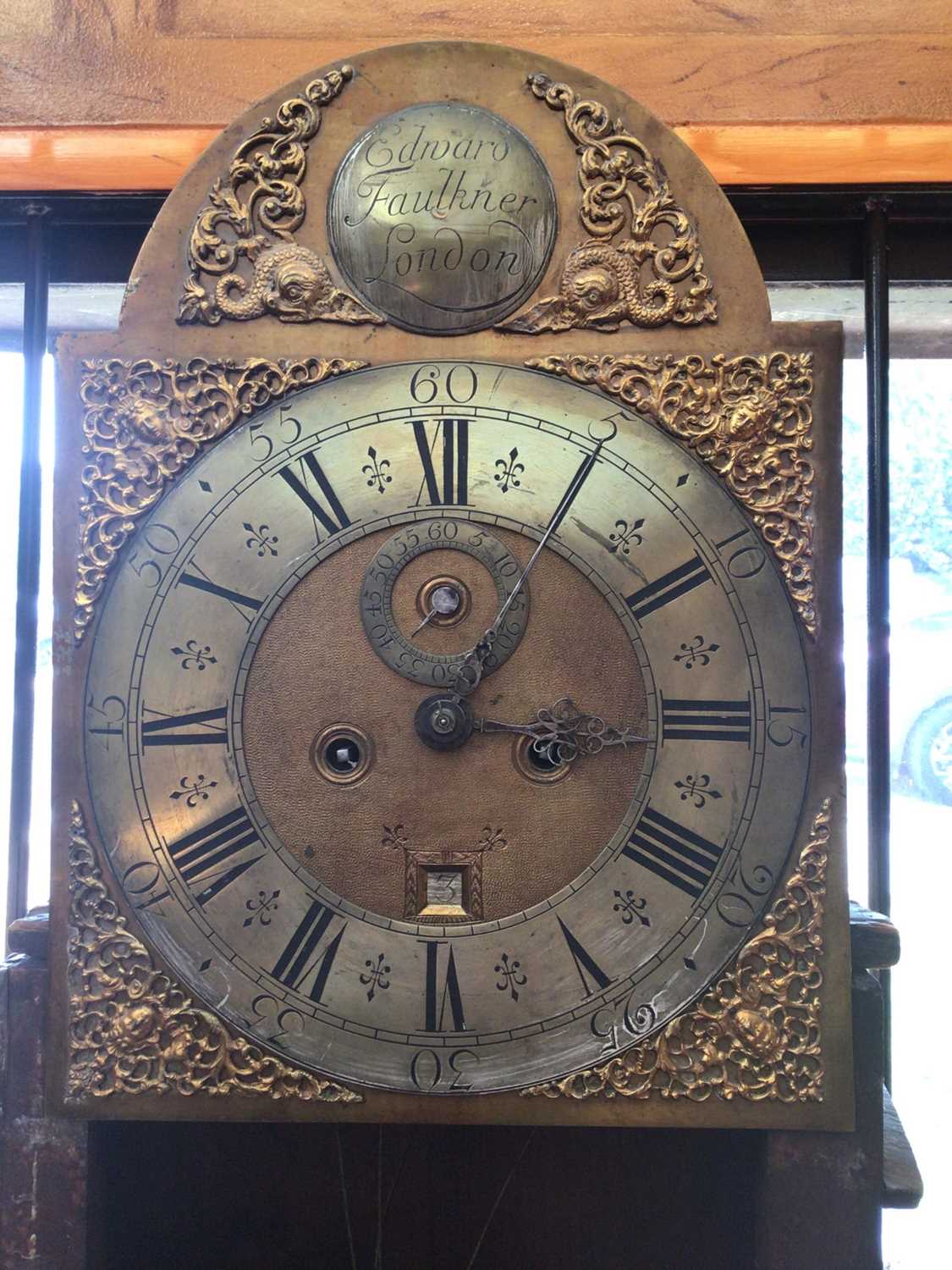 George II 8 day mahogany longcase clock with brass arch dial, maker Edward Faulkner, London, togethe - Image 5 of 7