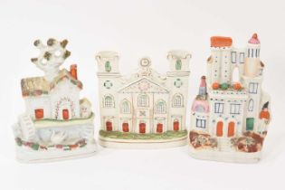 19th century Staffordshire castle shaped spill vase, and two other similar pieces