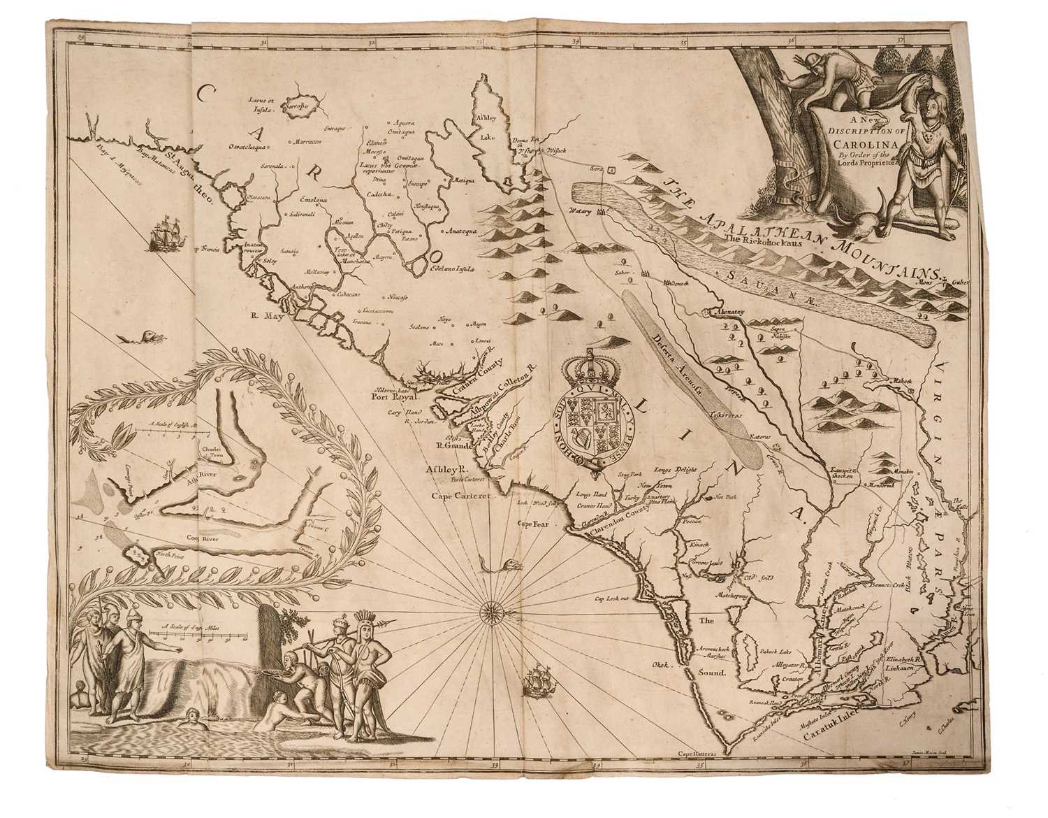 John Ogilby - rare engraved Map of Carolina, 1672