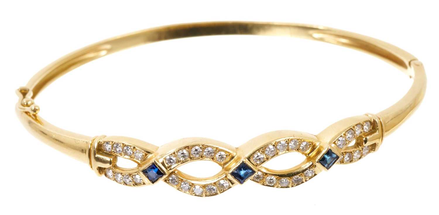 Sapphire and diamond hinged bangle with a platted design of single cut diamonds and three blue sapph - Image 2 of 4
