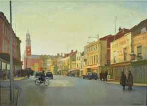 *Charles Debenham (b. 1933) oil on board - Colchester High Street, signed and dated ‘59, 54cm x 76cm