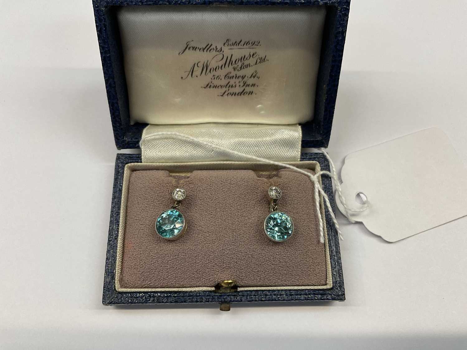 Pair of Edwardian blue zircon and diamond pendant earrings - Image 2 of 4