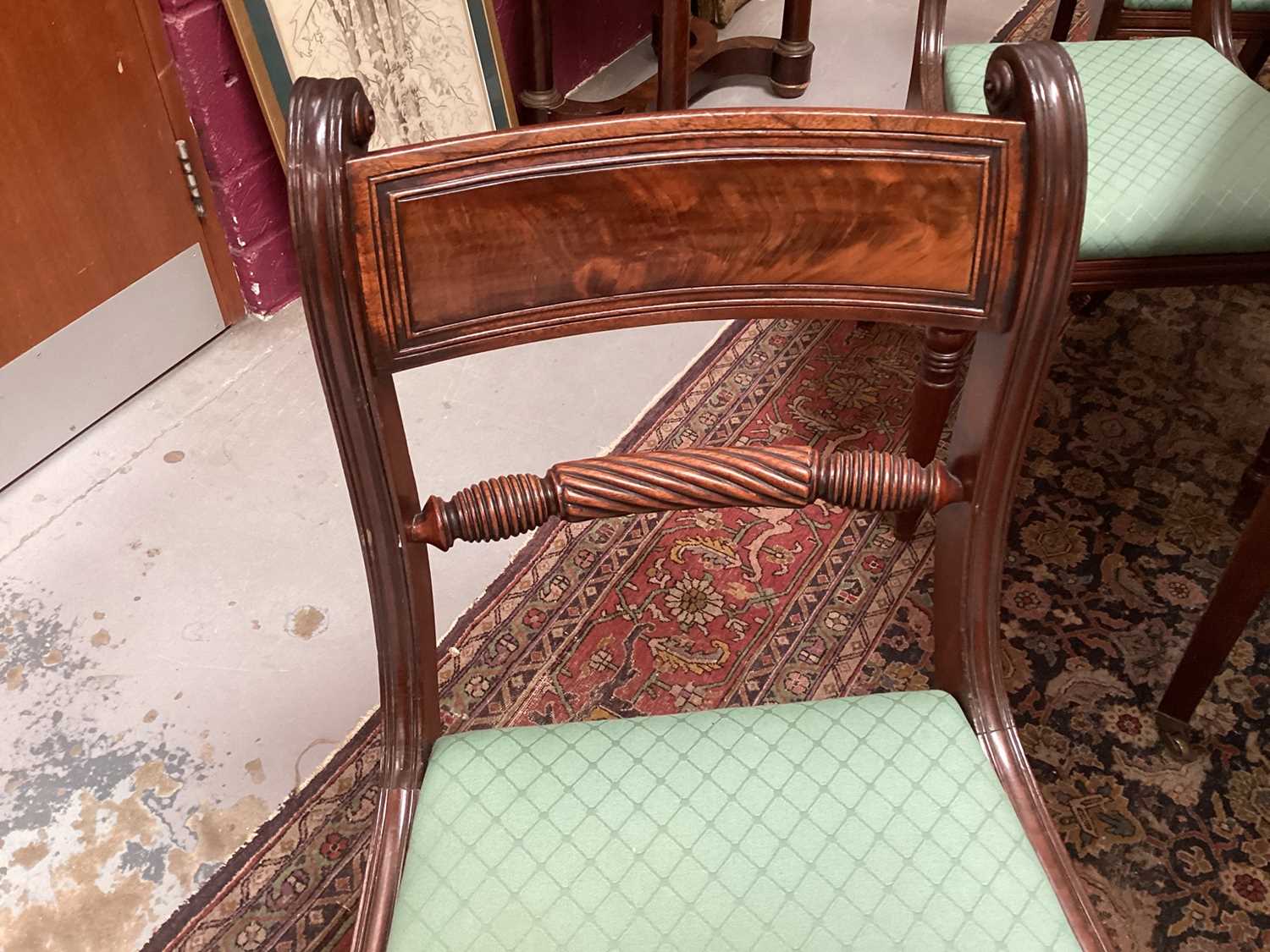 Set of six Regency mahogany bar back dining chairs, each with slip in seat on ring turned legs - Image 5 of 8