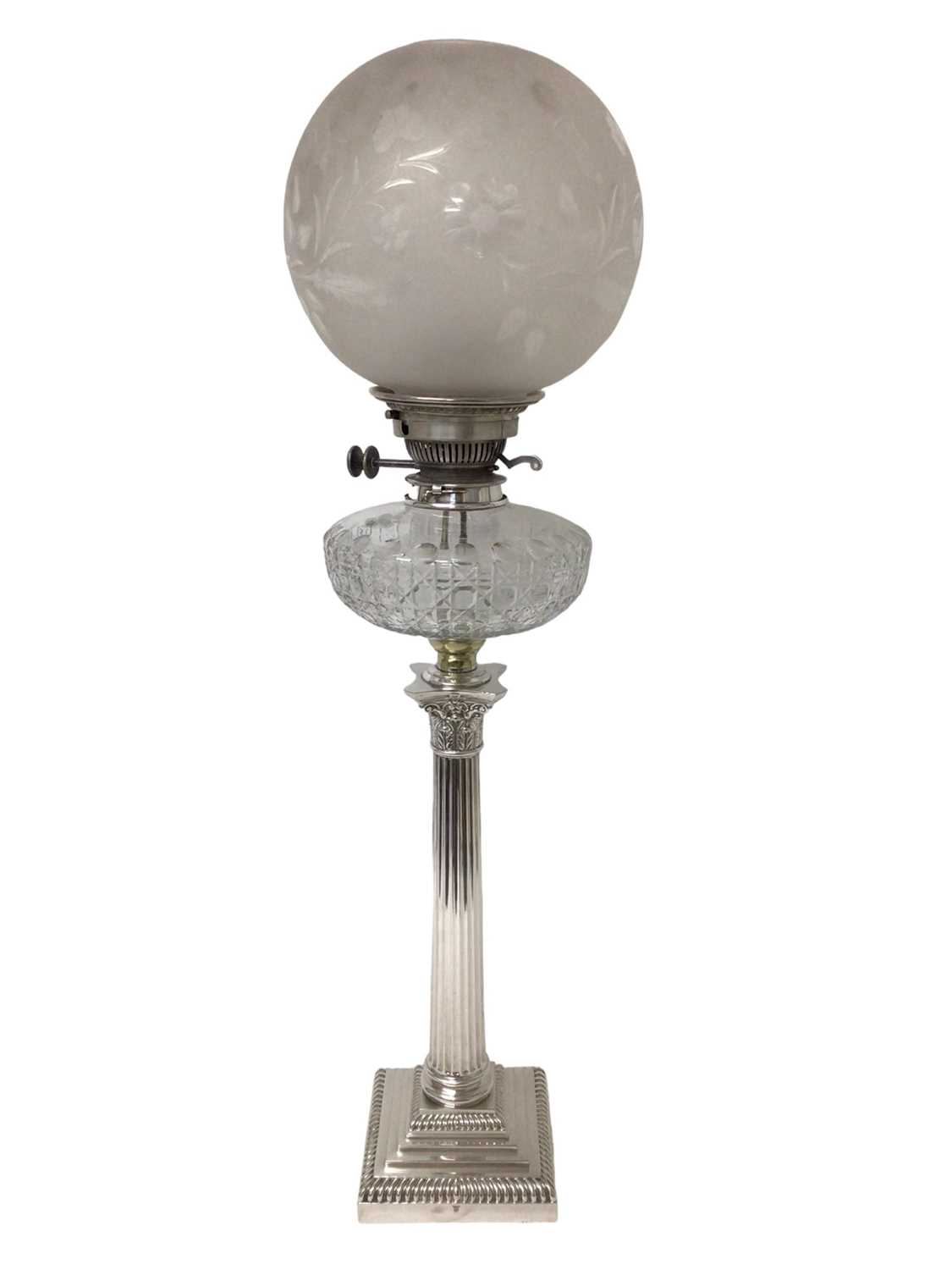 Edwardian silver plated Corinthian column oil lamp