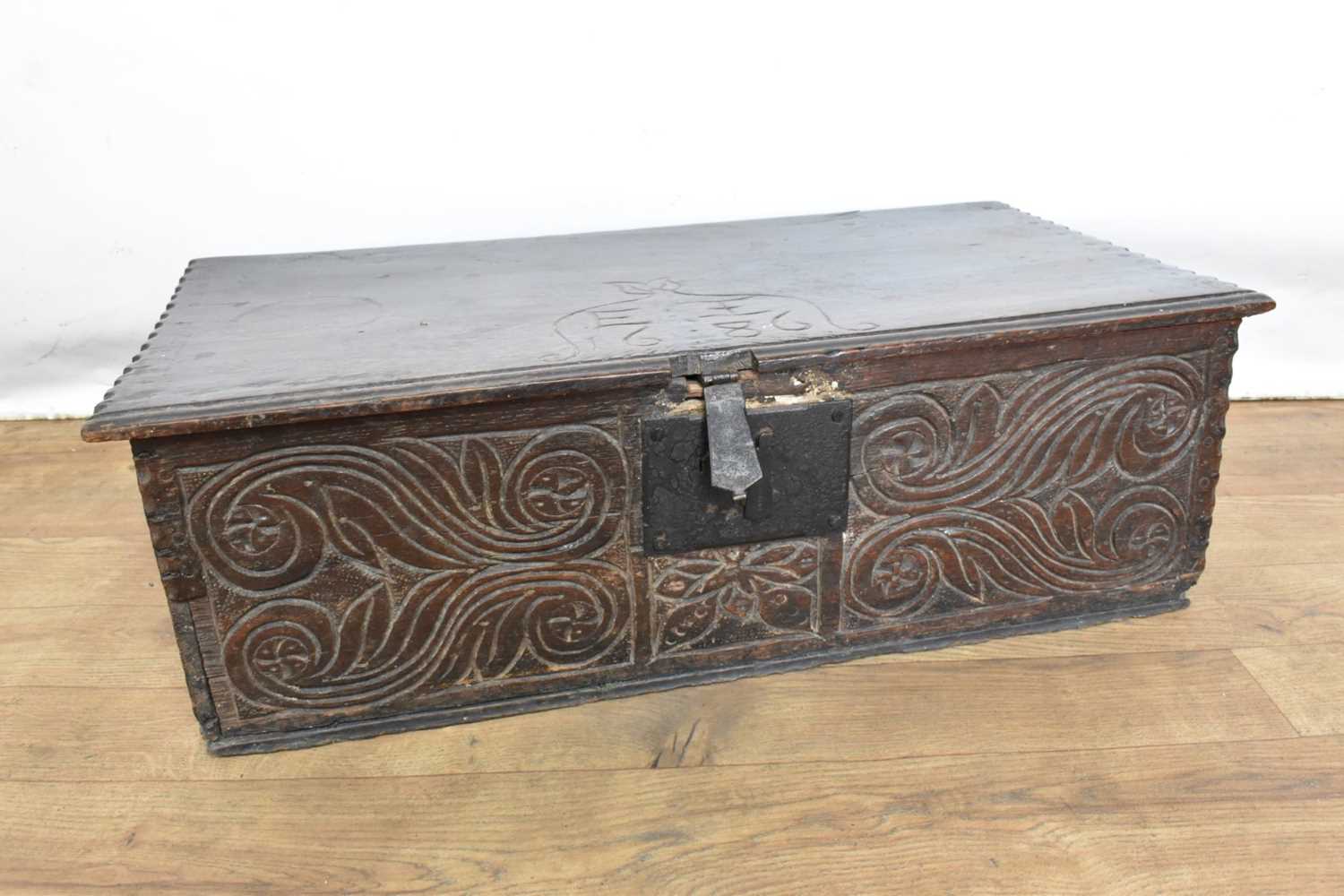 Carved oak bible box, dated 1686 - Image 2 of 4