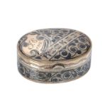 Imperial Russian silver box of oval form, with niello work decoration