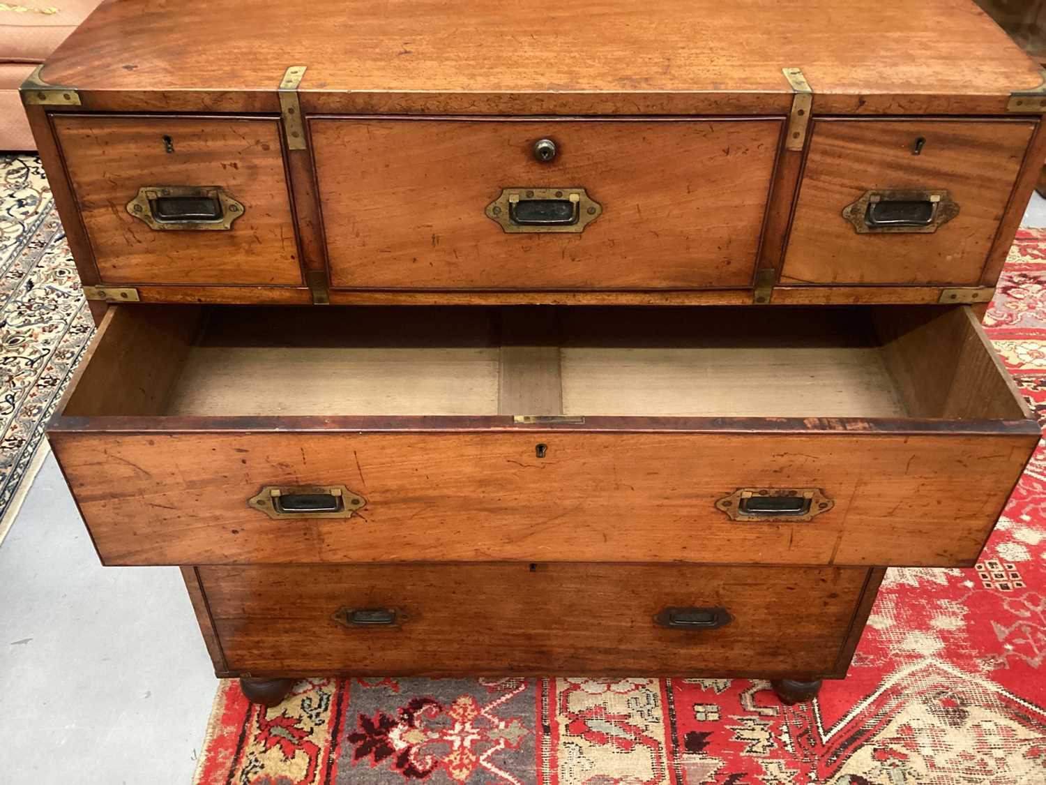 Victorian mahogany and brass bound secretaire campaign chest, in two parts - Image 4 of 10