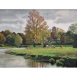 English School (Contemporary) oil on board - Sudbury Water Meadows with St Gregory's Church beyond,