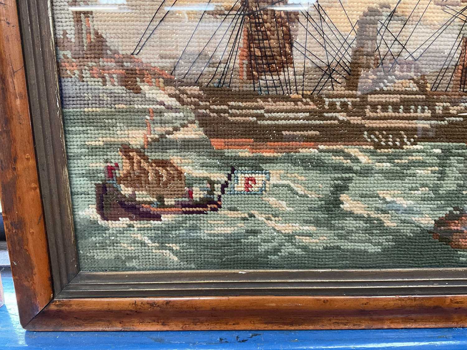 19th century woolwork picture of an American steamship, in glazed maple veneered frame - Image 4 of 6