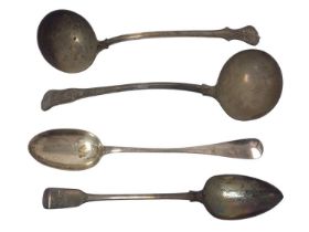 Two large silver ladles and two large serving spoons