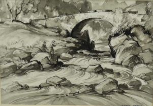 Albert Ribbans (1903-1966) two watercolours - Fishing scene, monochrome, 27cm x 38cm and Landscape,