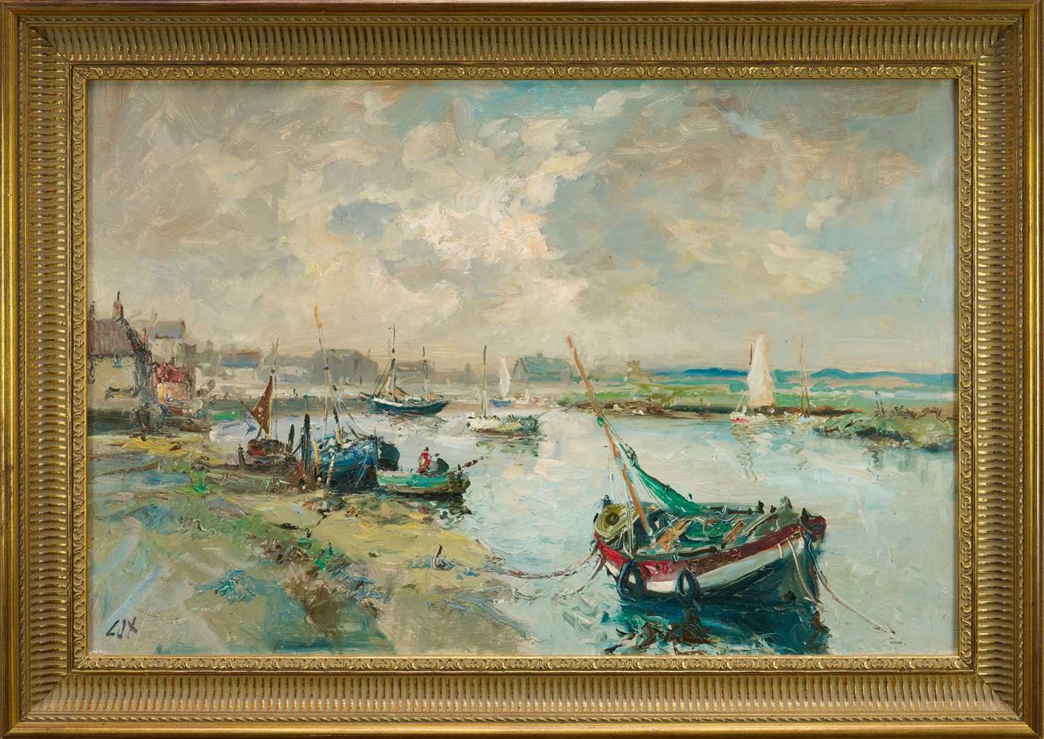 *Jack Cox (1914-2007) oil on board - Norfolk Harbour, signed, 50cm x 75cm, in gilt frame