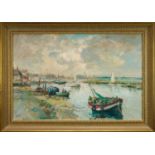 *Jack Cox (1914-2007) oil on board - Norfolk Harbour, signed, 50cm x 75cm, in gilt frame