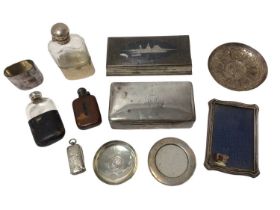 Silver mounted spirit flasks, cigarette box and other silver and white metal
