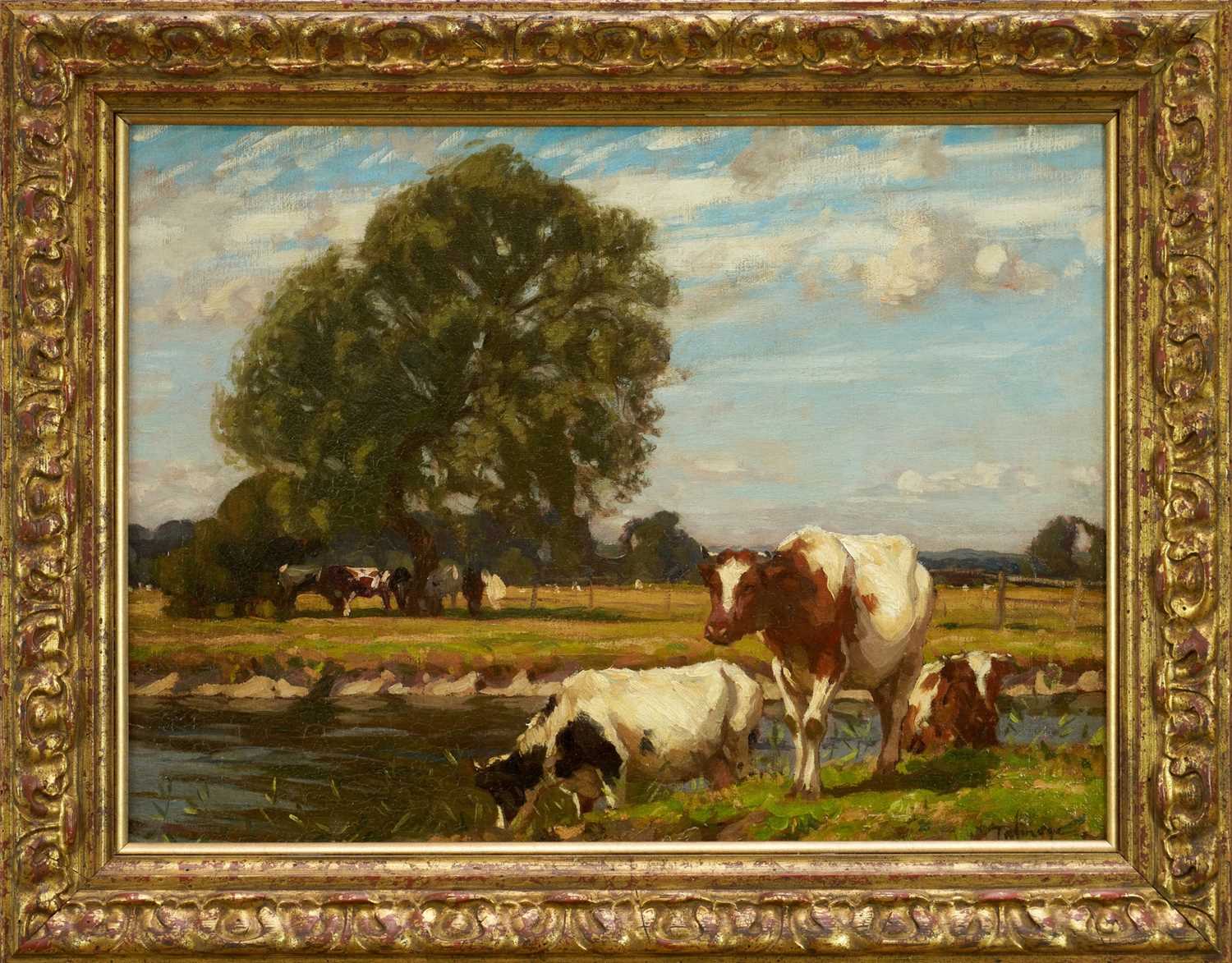 Algernon Mayow Talmage (1871-1939) oil on canvas - Cattle grazing beside the Stour at Dedham, signed