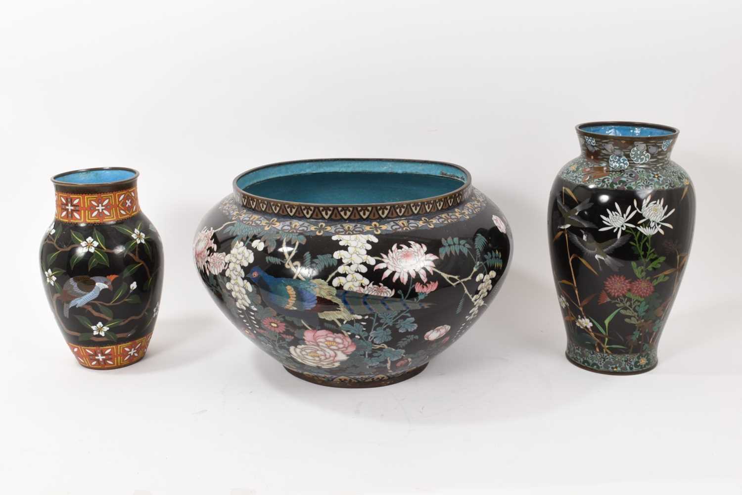 Large Japanese cloisonné jardinière decorated with flowers and birds