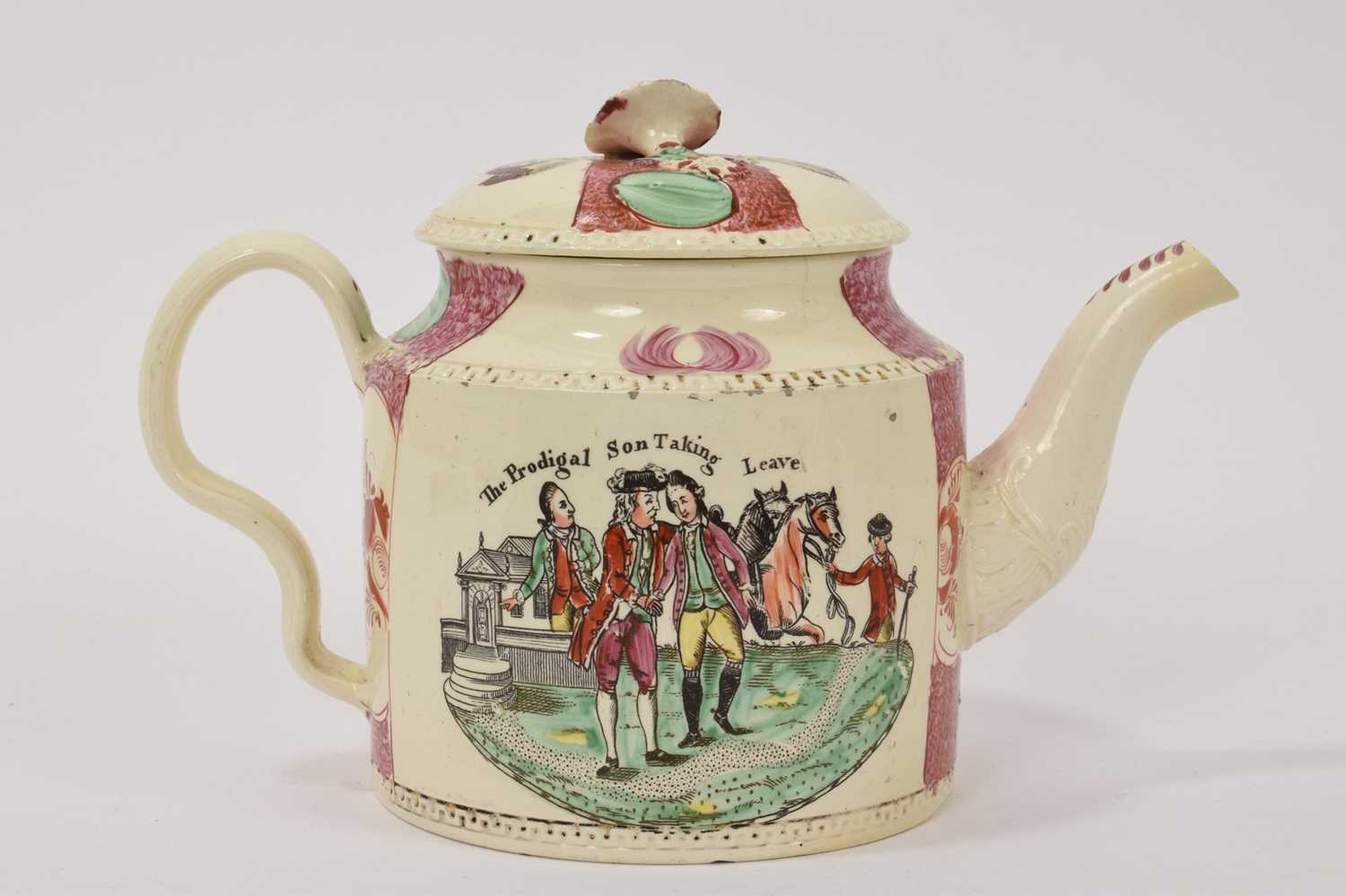 18th century creamware teapot by William Greatbatch - The prodigal son taking leave - Image 3 of 8