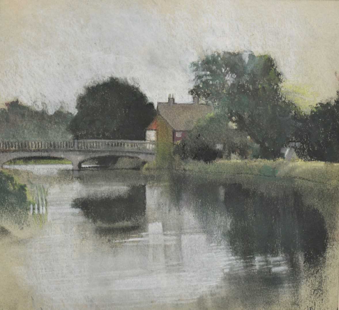 John Nichol (b.1943) pastel - Ballingdon Bridge Sudbury, signed with initials, 26cm x 28cm, in glaze