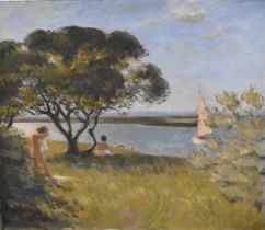 Fid Harnack (1897-1983) oil on board - Skinny Dipping, Ray Island, West Mersea, signed, 59cm x 69cm,